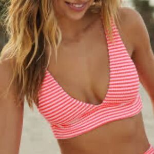 Aerie Crinkle Stripe Longline Plunge Triangle Bikini Coral Size XL NWT